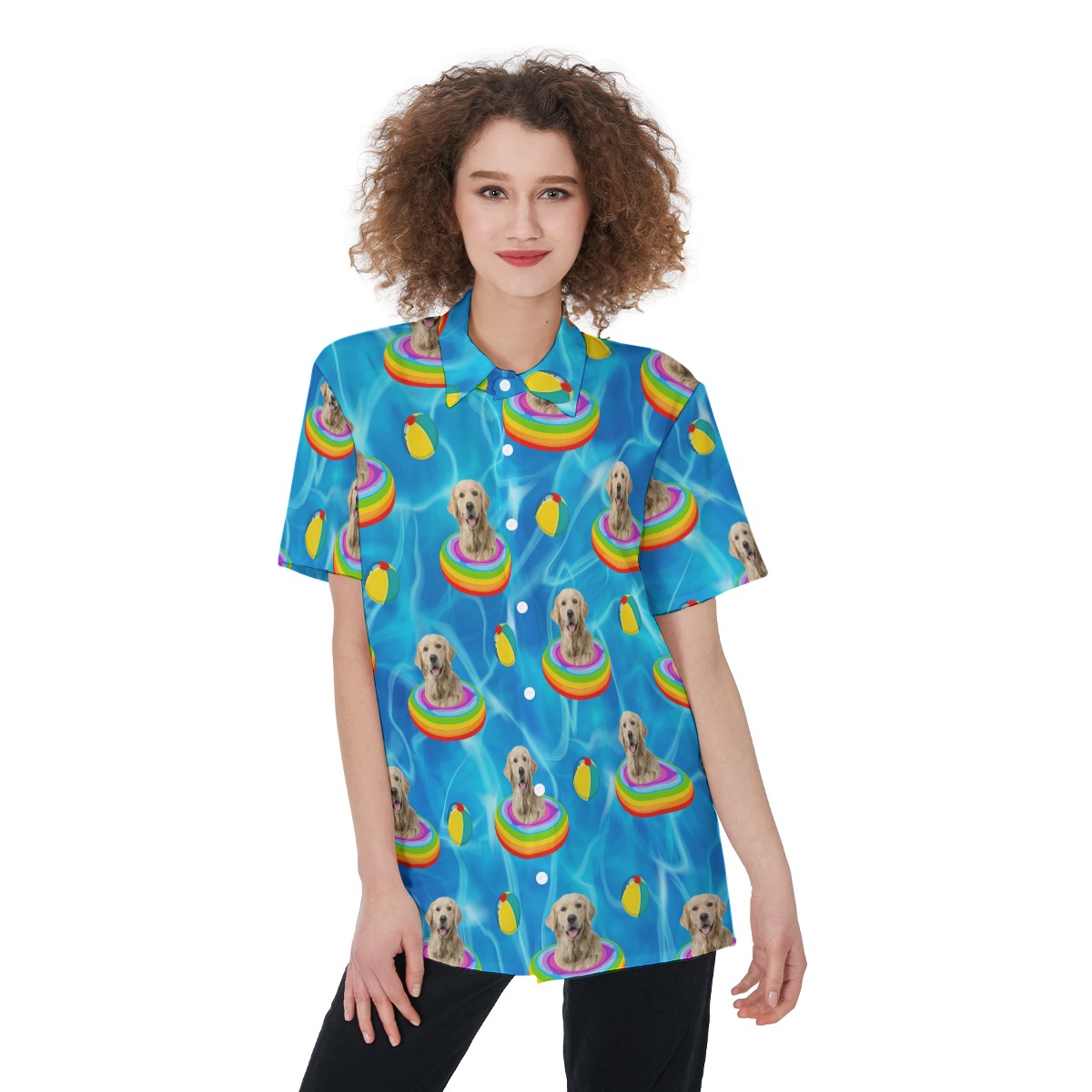 Cute Custom Pet Face Swimming Pool Hawaiian Shirt For Women - variant image 1