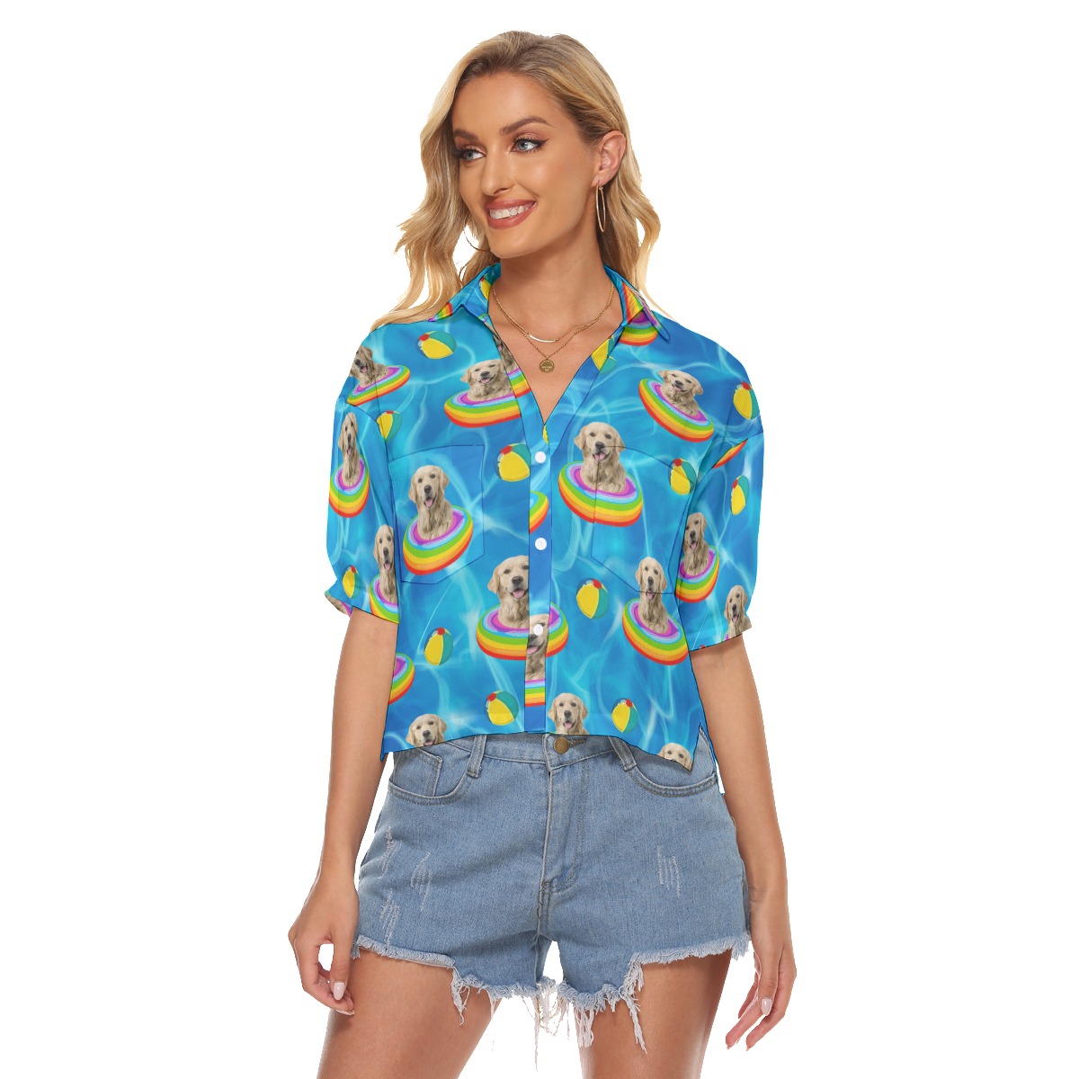 Cute Custom Pet Face Swimming Pool Party Hawaiian Crop Top Shirt For Women - variant image 1