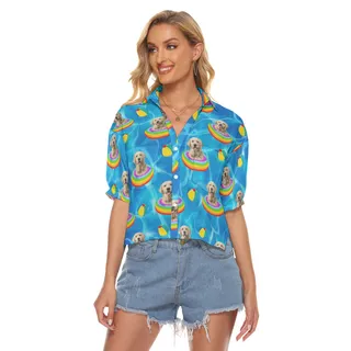 Cute Custom Pet Face Swimming Pool Party Hawaiian Crop Top Shirt For Women