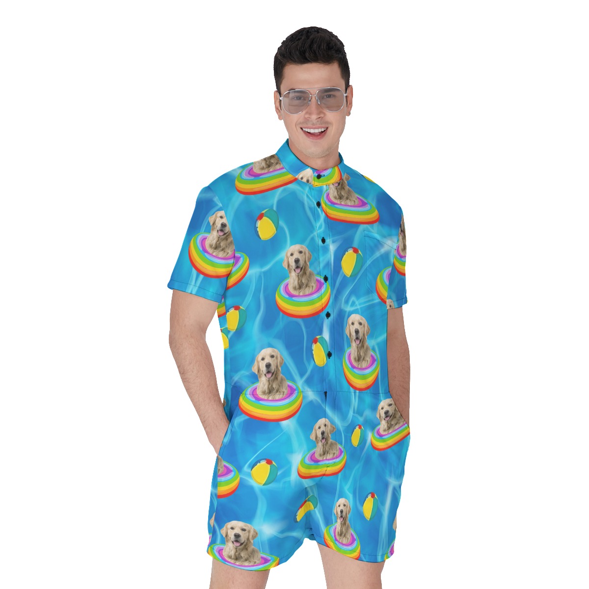 Funny Custom Pet Face Swimming Pool Patterns Hawaiian Romper - variant image 1