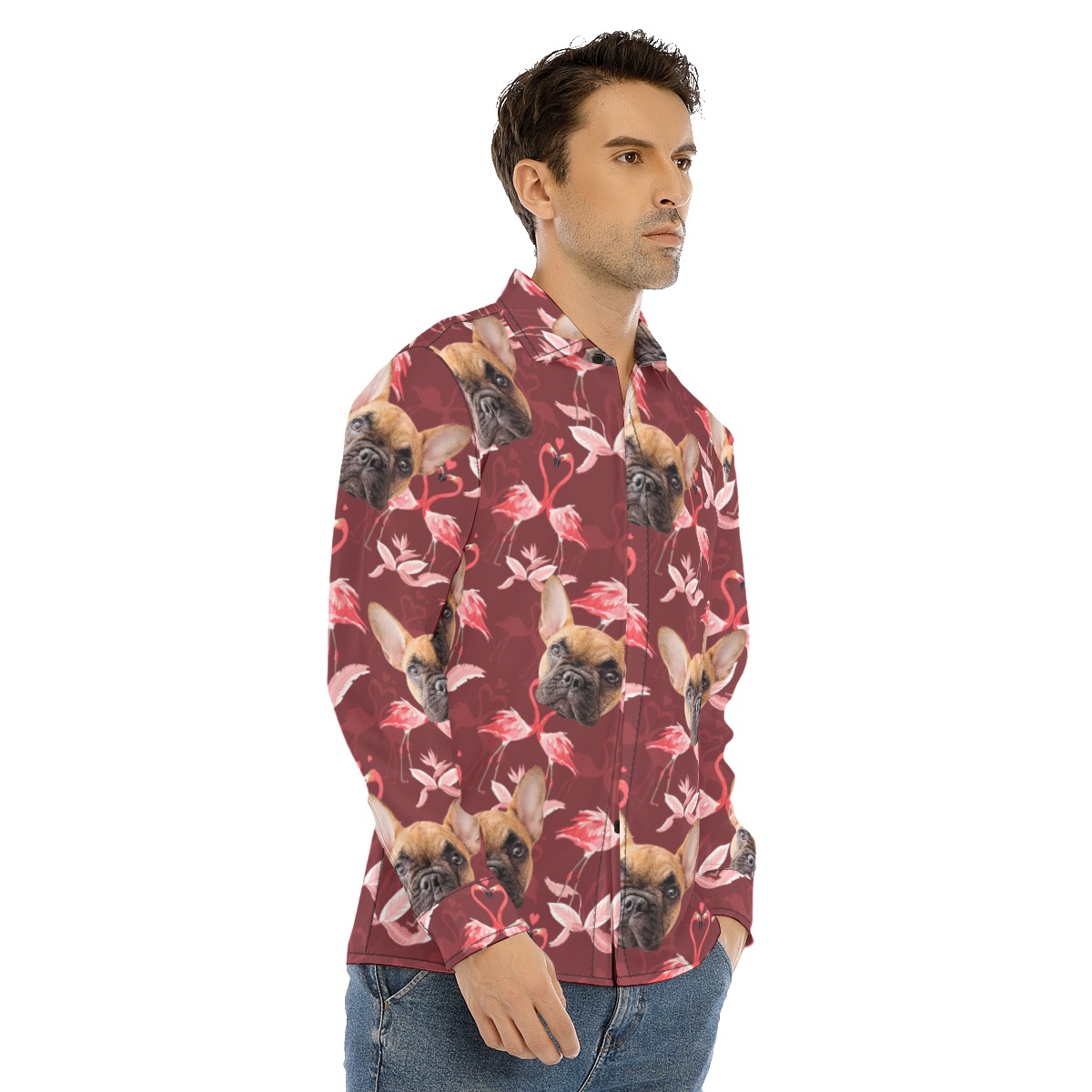 Men's Custom Dog Face Long Sleeve Hawaiian Shirt