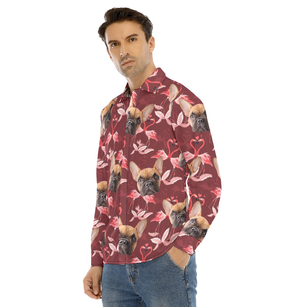 Men's Custom Dog Face Long Sleeve Hawaiian Shirt