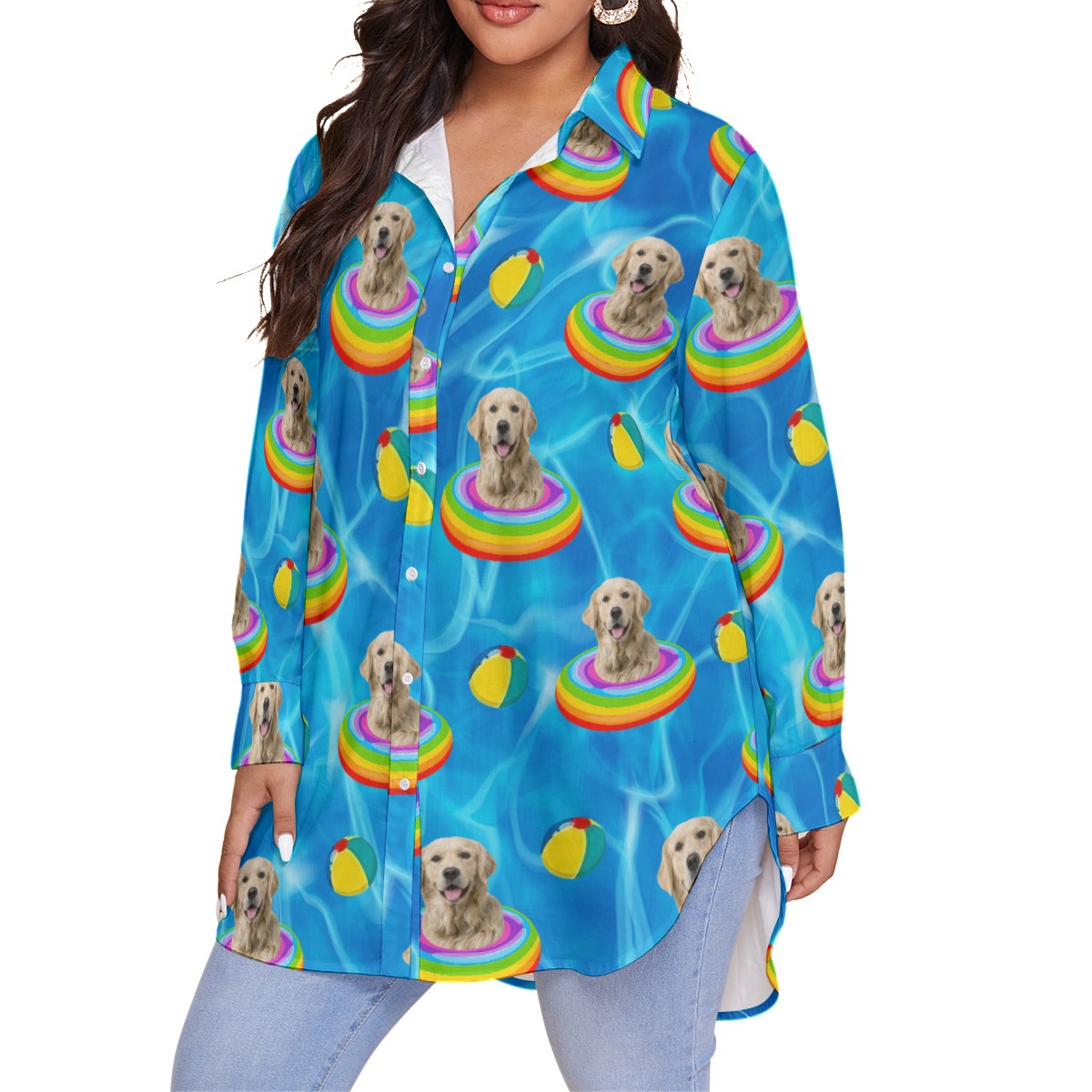 Cute Custom Pet Face Swimming Pool Patterns Hawaiian Plus Size Shirt For Women