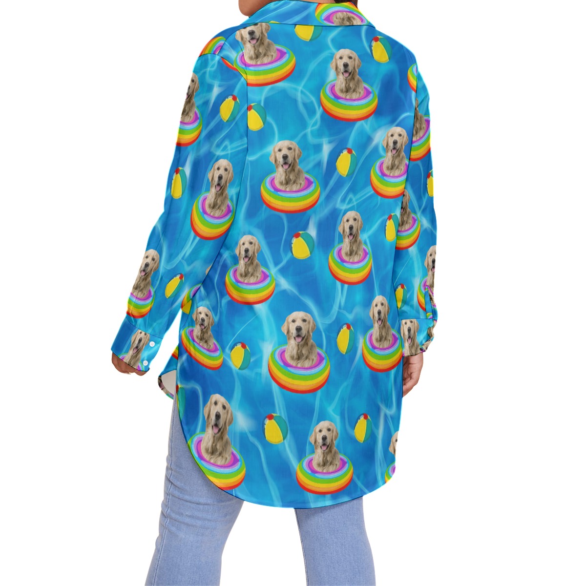 Cute Custom Pet Face Swimming Pool Patterns Hawaiian Plus Size Shirt For Women