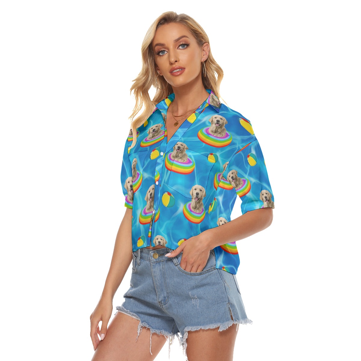 Cute Custom Pet Face Swimming Pool Party Hawaiian Crop Top Shirt For Women
