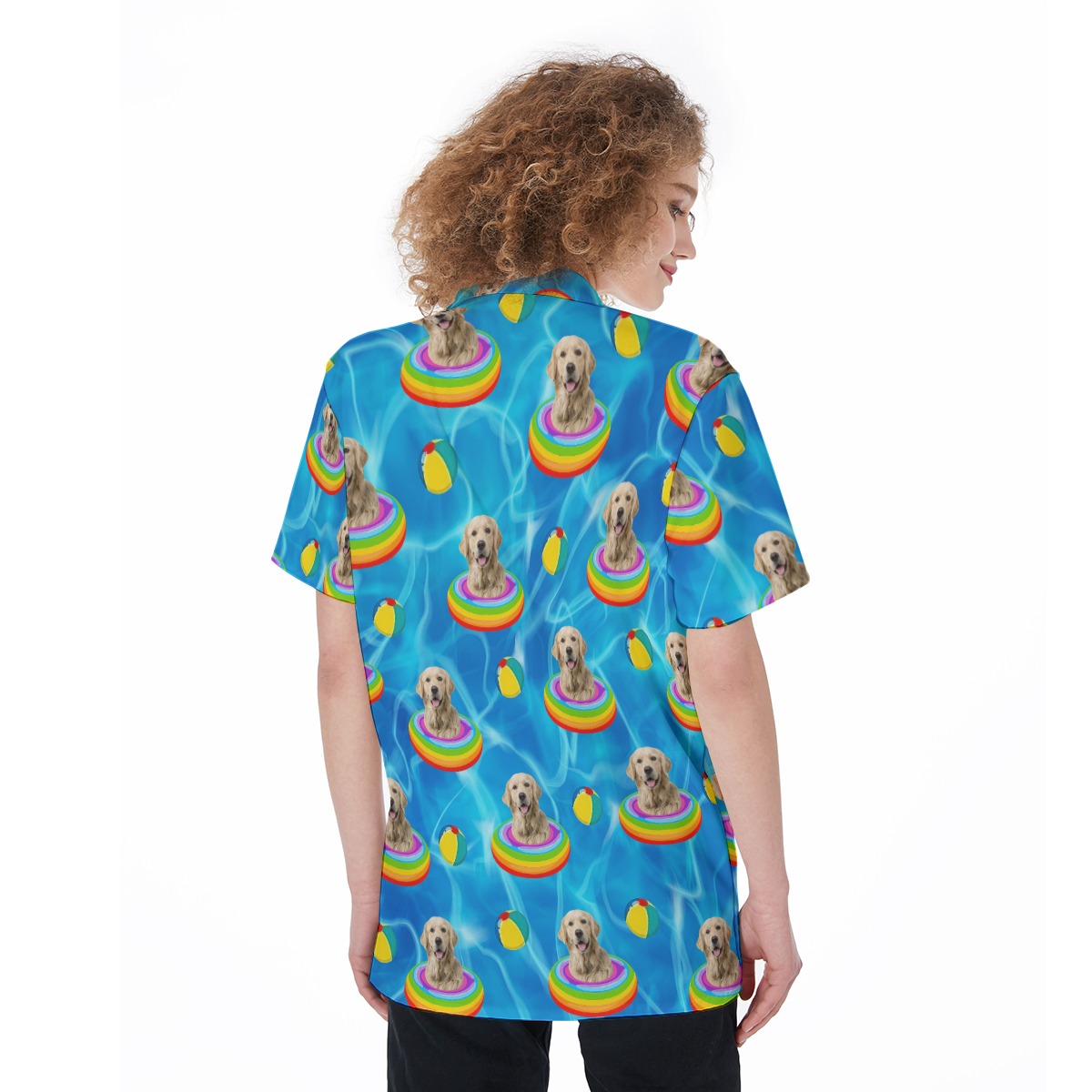 Cute Custom Pet Face Swimming Pool Hawaiian Shirt For Women