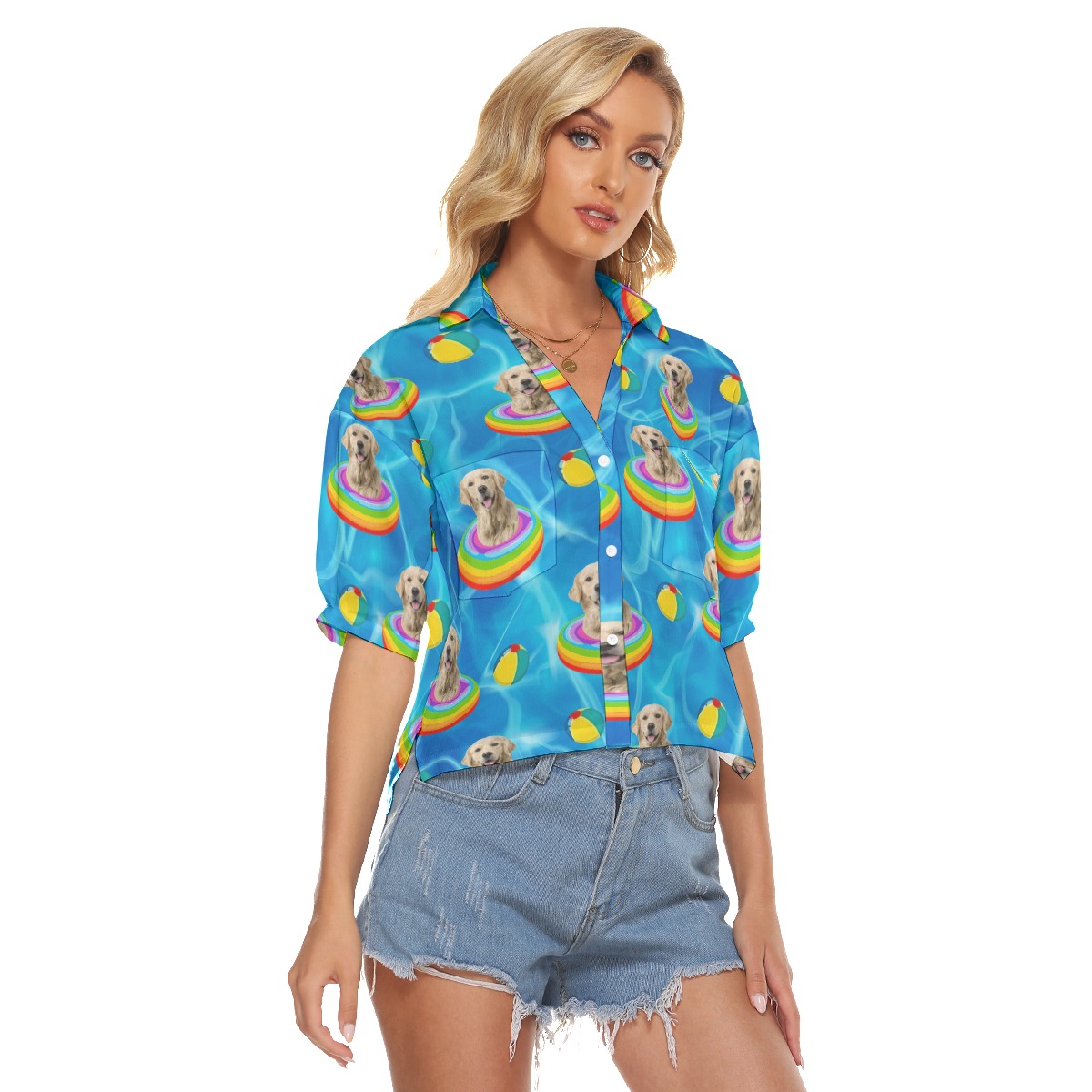 Cute Custom Pet Face Swimming Pool Party Hawaiian Crop Top Shirt For Women