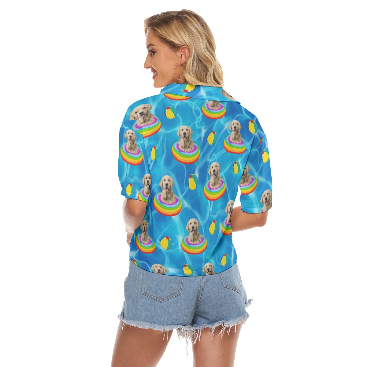 Cute Custom Pet Face Swimming Pool Party Hawaiian Crop Top Shirt For Women