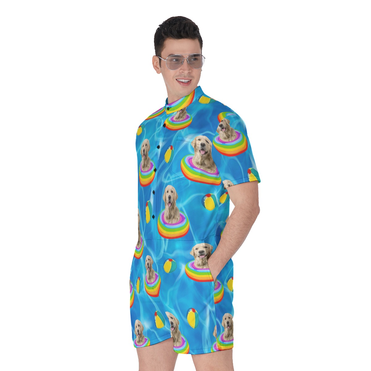 Funny Custom Pet Face Swimming Pool Patterns Hawaiian Romper