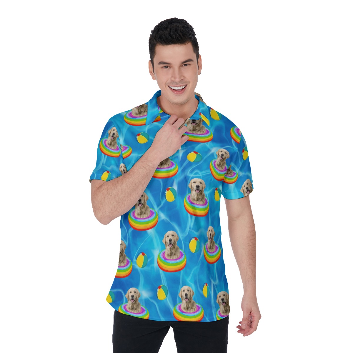 Funny Custom Pet Face Swimming Pool Party Hawaiian Polo Shirt - variant image 1
