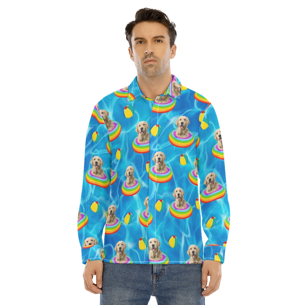 Funny Custom Dog Face Swimming Patterns Hawaiian Long Sleeve Shirt - variant image 1