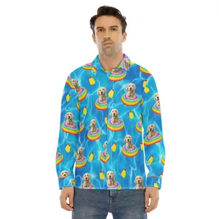Funny Custom Dog Face Swimming Patterns Hawaiian Long Sleeve Shirt