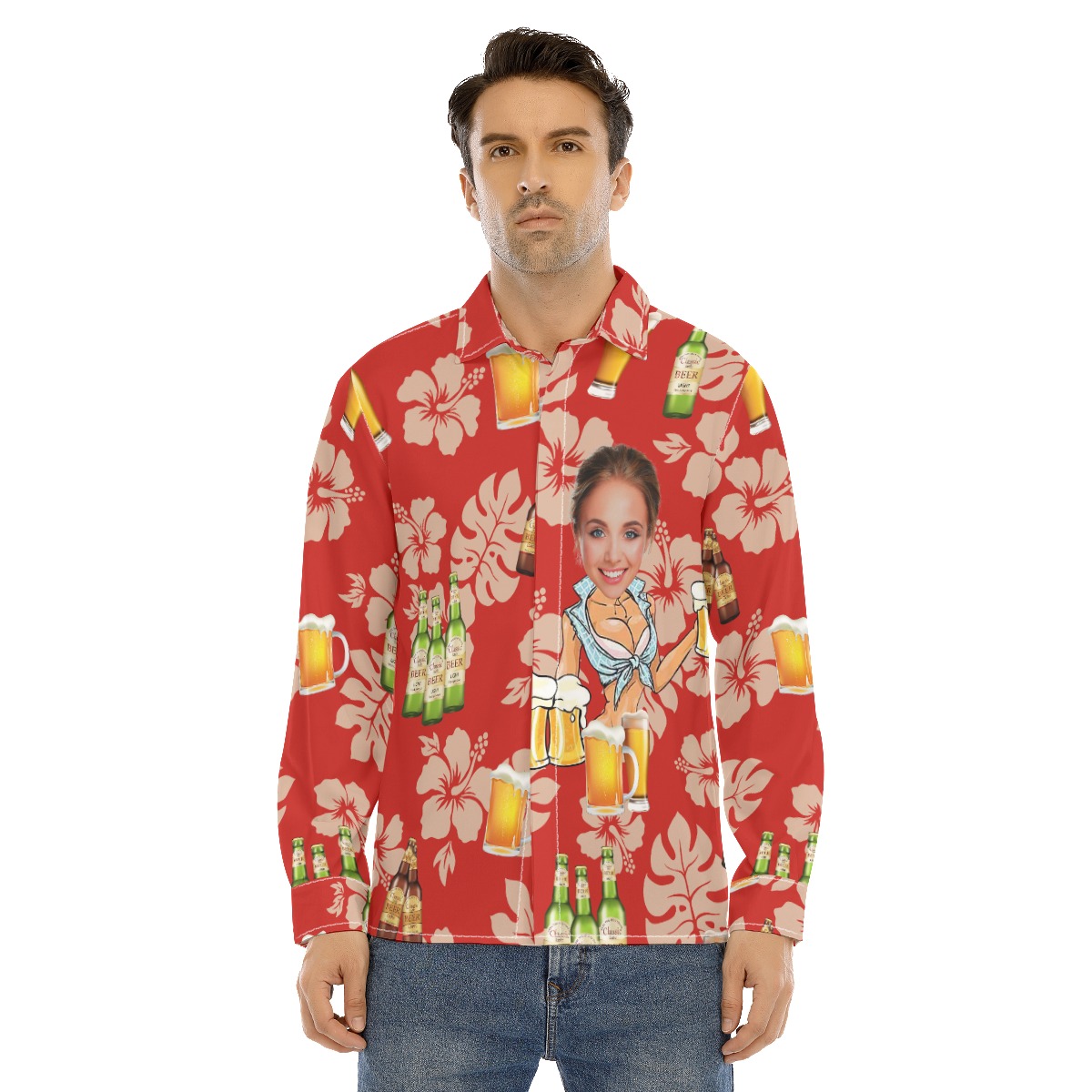 Unique Custom Face Beer Hawaiian Long Sleeve Shirt For Him - variant image 1