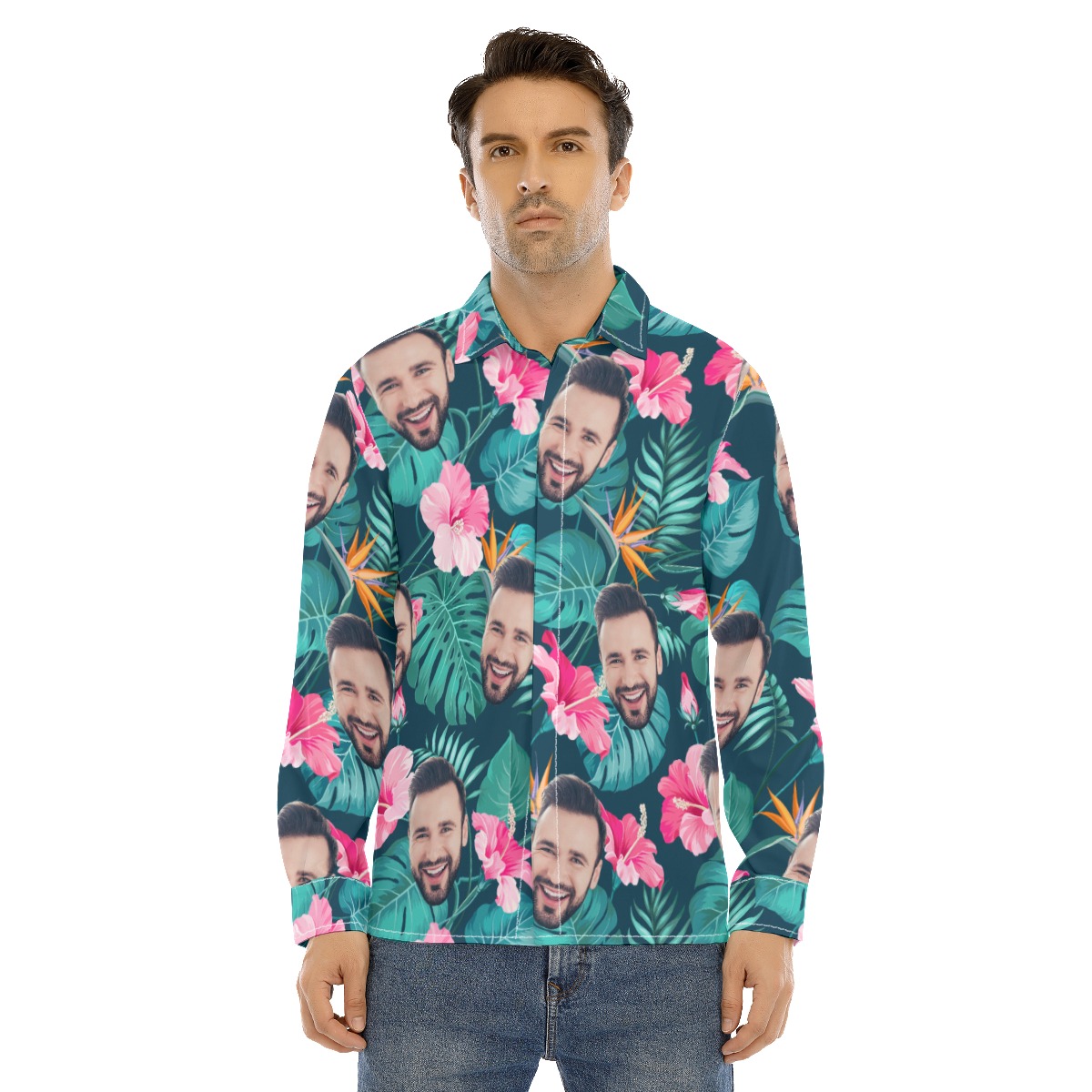 Custom Face Long Sleeve Hawaiian Shirts For Men - variant image 1