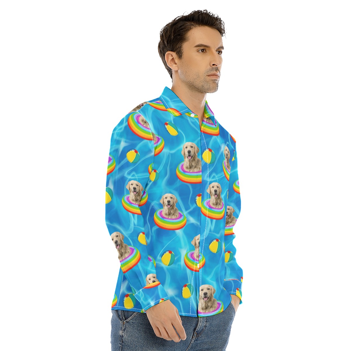 Funny Custom Dog Face Swimming Patterns Hawaiian Long Sleeve Shirt