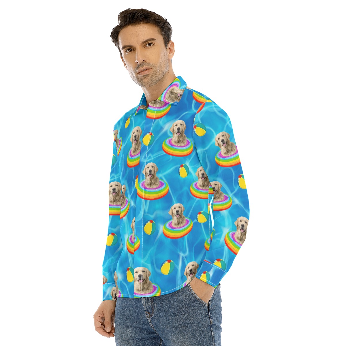 Funny Custom Dog Face Swimming Patterns Hawaiian Long Sleeve Shirt