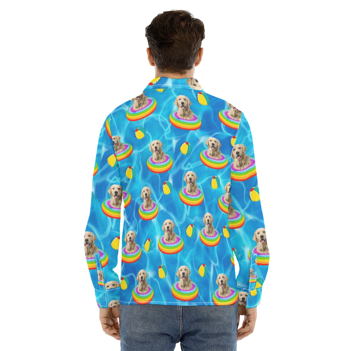 Funny Custom Dog Face Swimming Patterns Hawaiian Long Sleeve Shirt