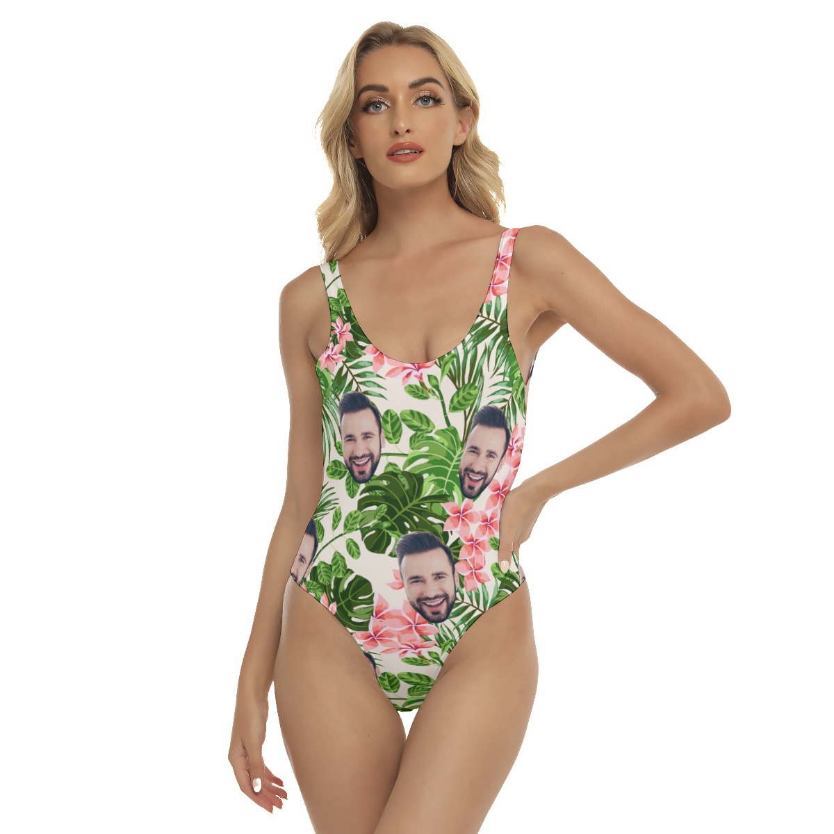 Custom Face Aloha Swimsuits For Women with Pink Plumeria Tropical Leaves Motif