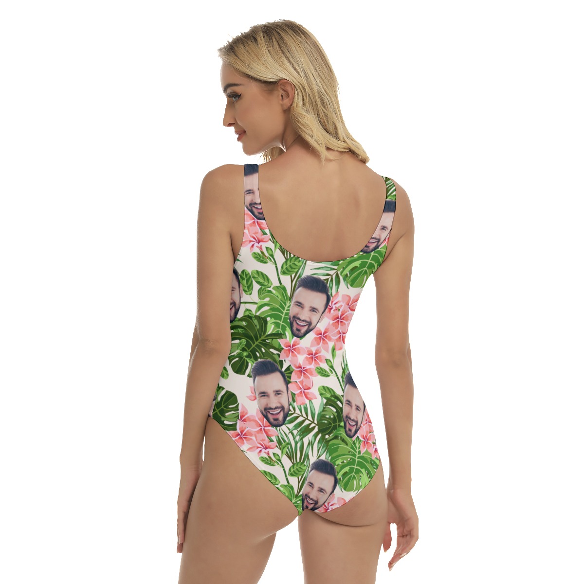 Custom Face Aloha Swimsuits For Women with Pink Plumeria Tropical Leaves Motif