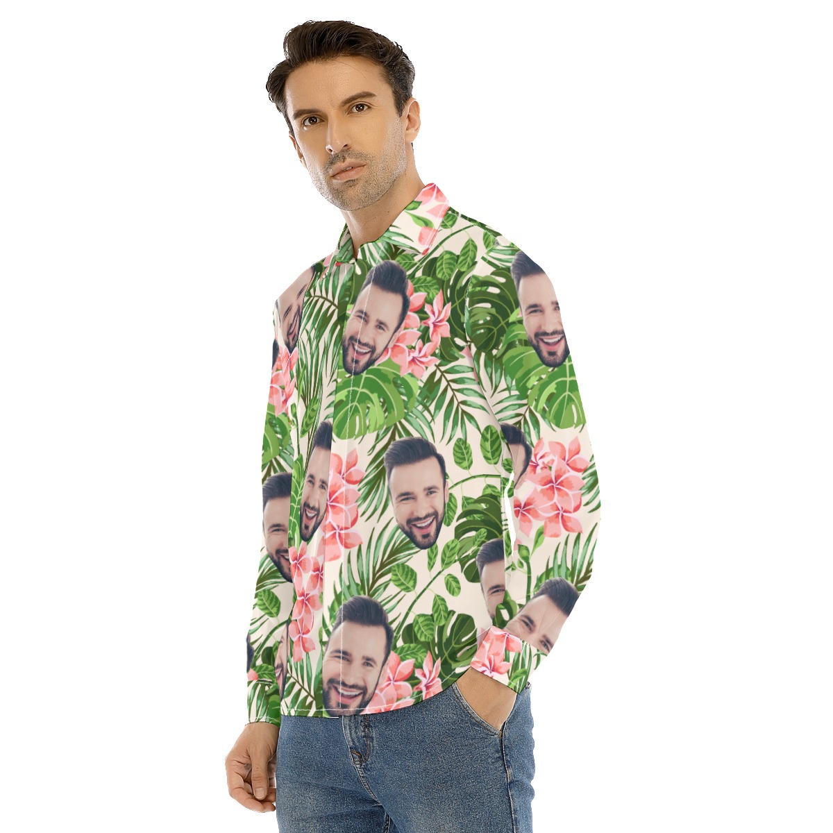 Custom Face Long Sleeve Hawaiian Shirt For Men