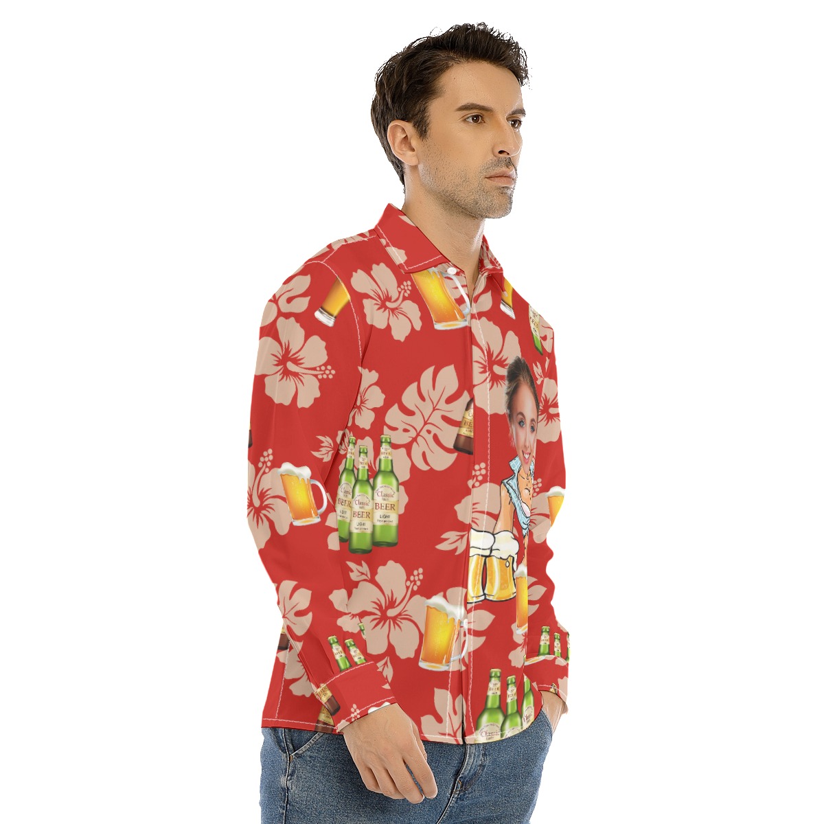 Unique Custom Face Beer Hawaiian Long Sleeve Shirt For Him