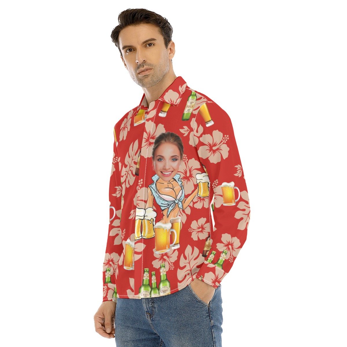 Unique Custom Face Beer Hawaiian Long Sleeve Shirt For Him