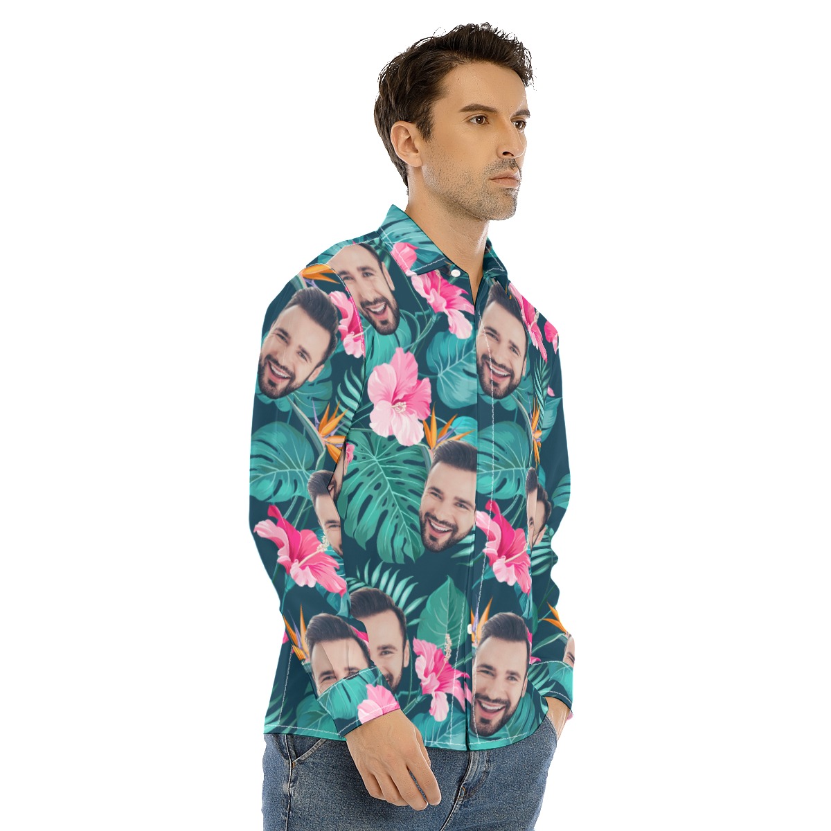 Custom Face Long Sleeve Hawaiian Shirts For Men