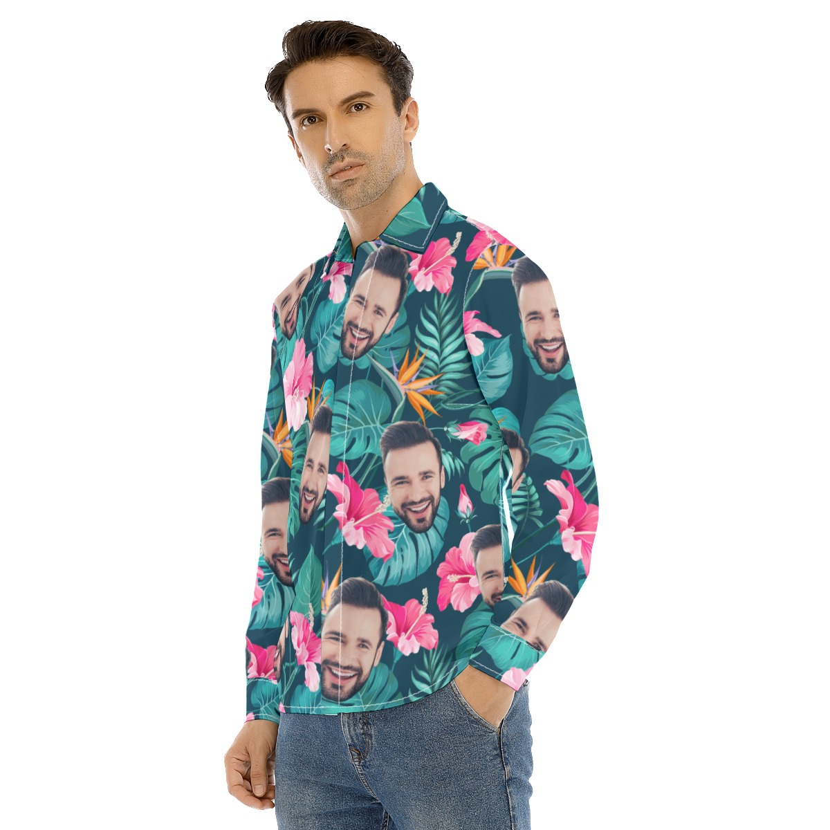 Custom Face Long Sleeve Hawaiian Shirts For Men