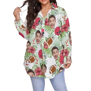 Funny Football Custom Face Plus Size Long Sleeve Hawaiian Shirt For Women