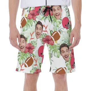 Floral Custom Face Football Hawaiian Swim Trunks For Men