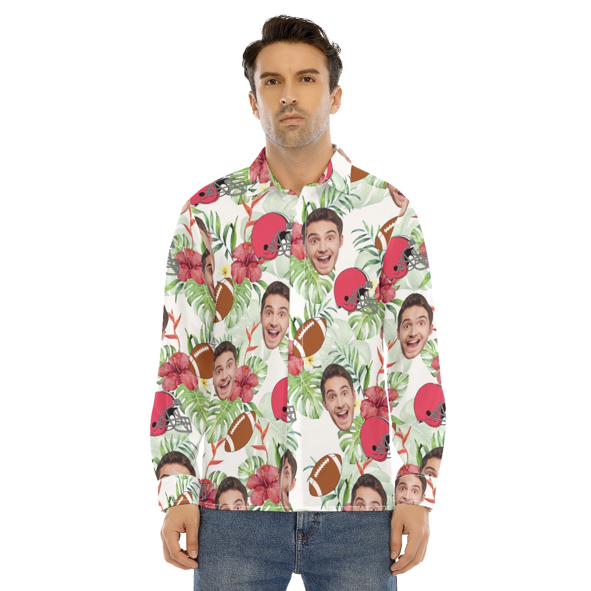 Football Custom Face Hawaiian Long Sleeve Shirt - variant image 1