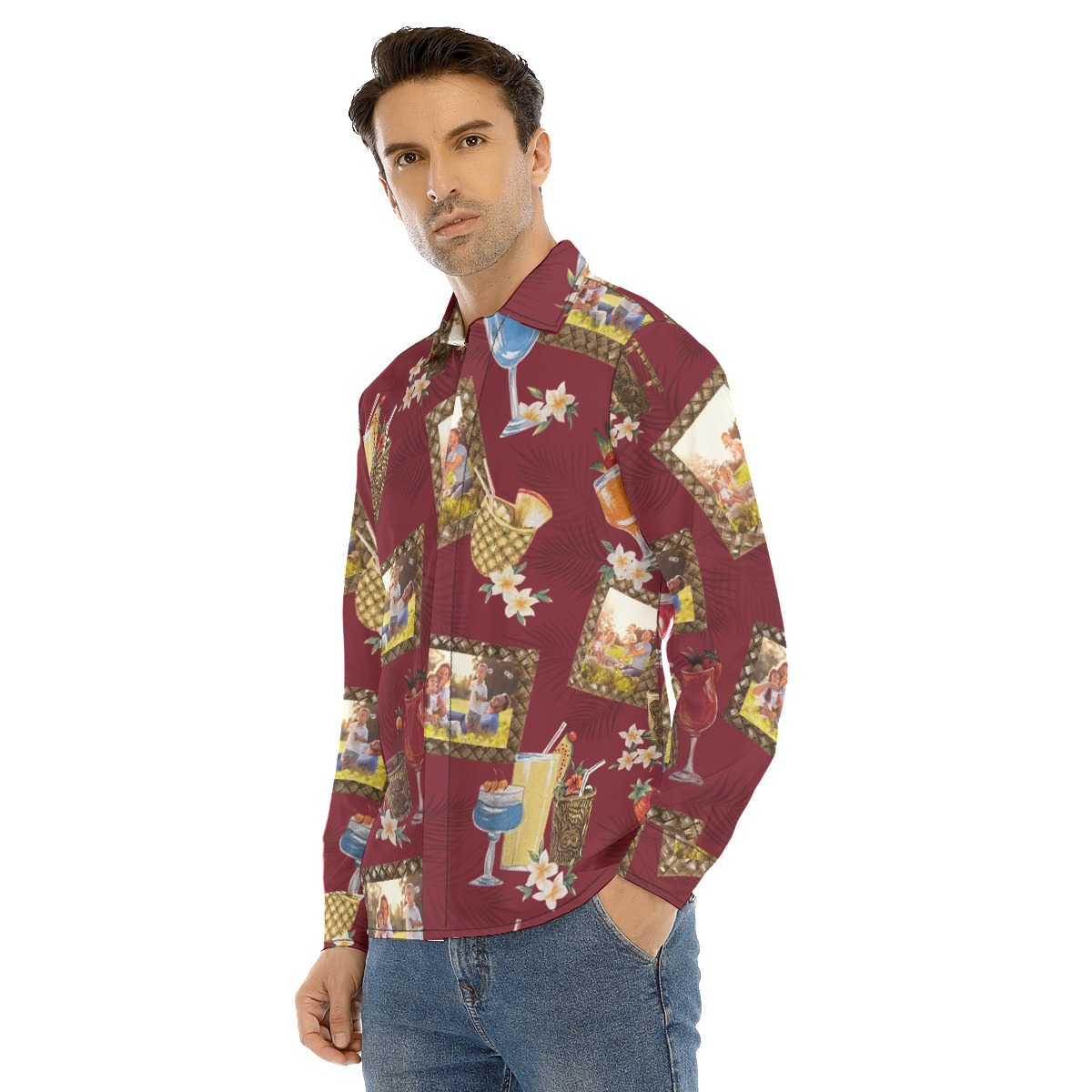 Unique Custom Photos Tiki Drinks Hawaiian Long Sleeve Shirt