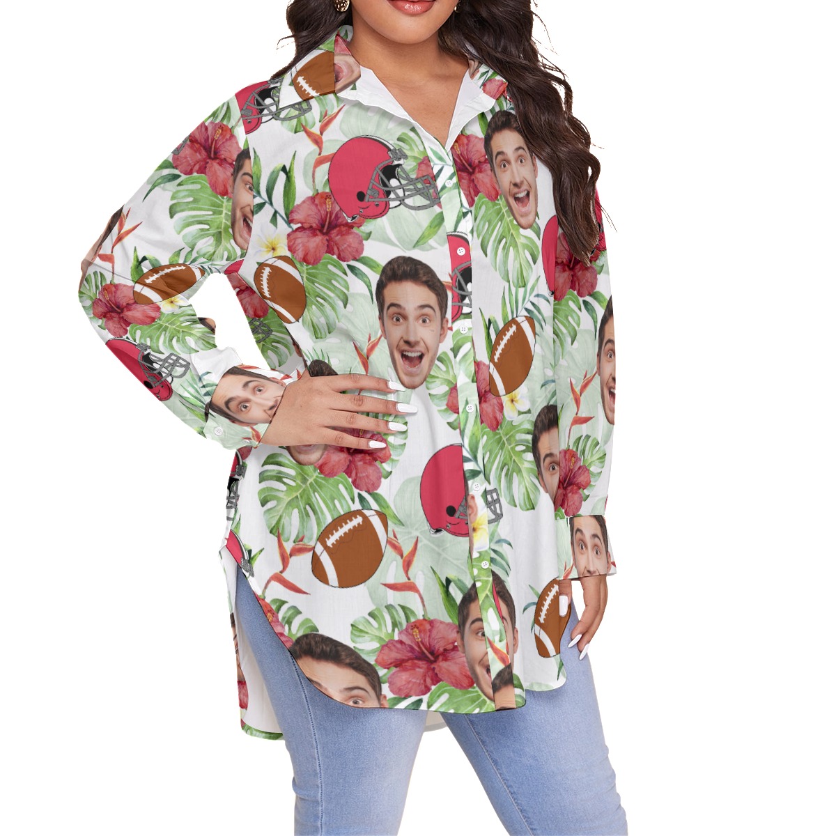 Funny Football Custom Face Plus Size Long Sleeve Hawaiian Shirt For Women