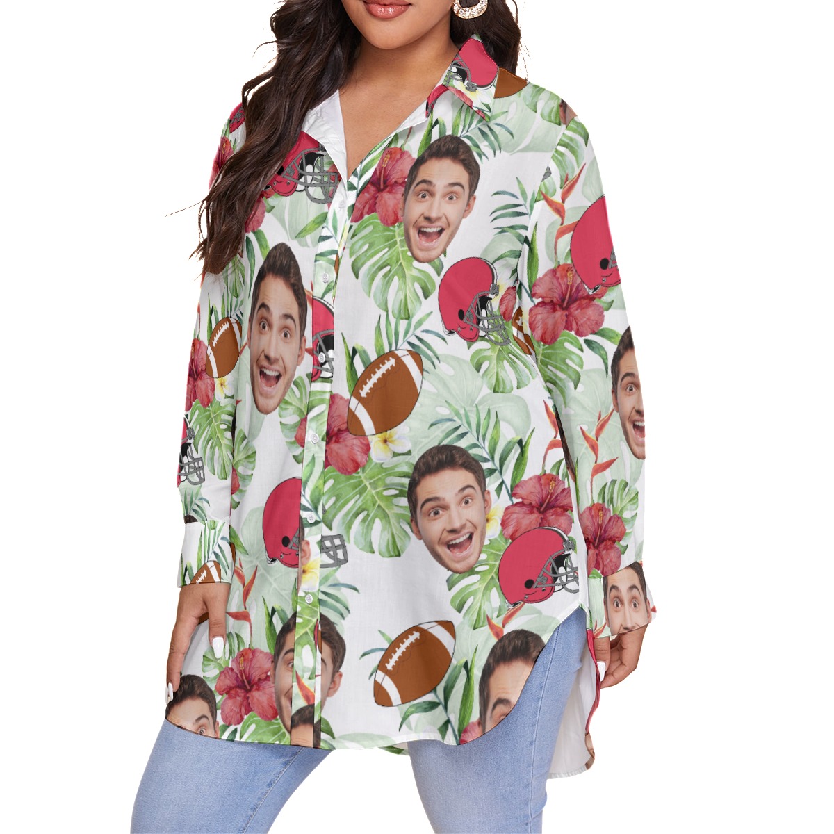 Funny Football Custom Face Plus Size Long Sleeve Hawaiian Shirt For Women