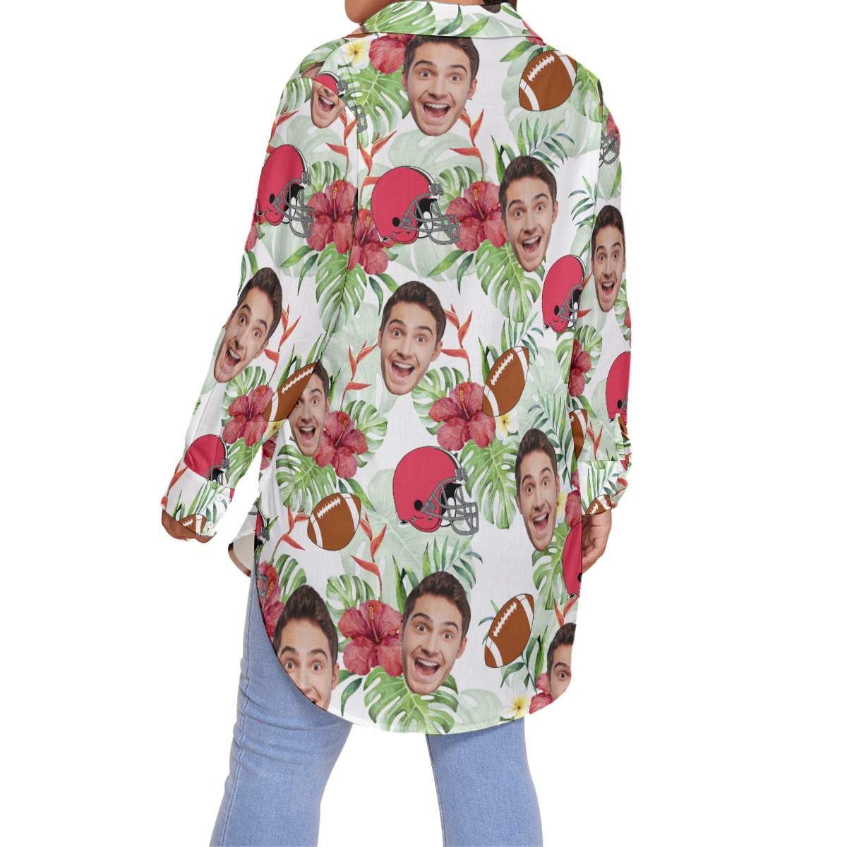 Funny Football Custom Face Plus Size Long Sleeve Hawaiian Shirt For Women