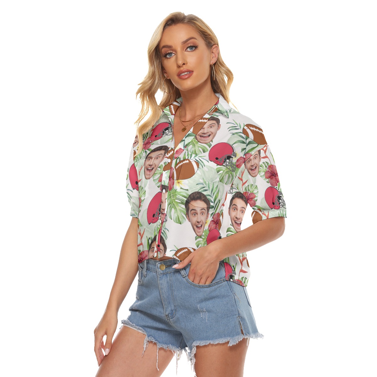 Football Custom Face Floral Hawaiian Crop Top Shirt For Women