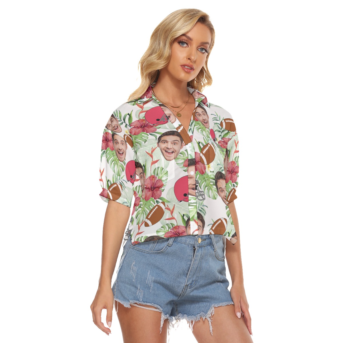 Football Custom Face Floral Hawaiian Crop Top Shirt For Women