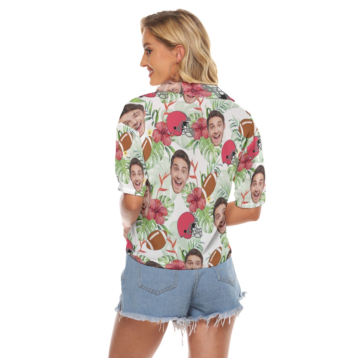 Football Custom Face Floral Hawaiian Crop Top Shirt For Women