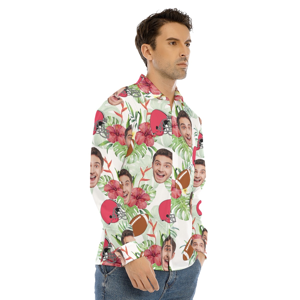 Football Custom Face Hawaiian Long Sleeve Shirt