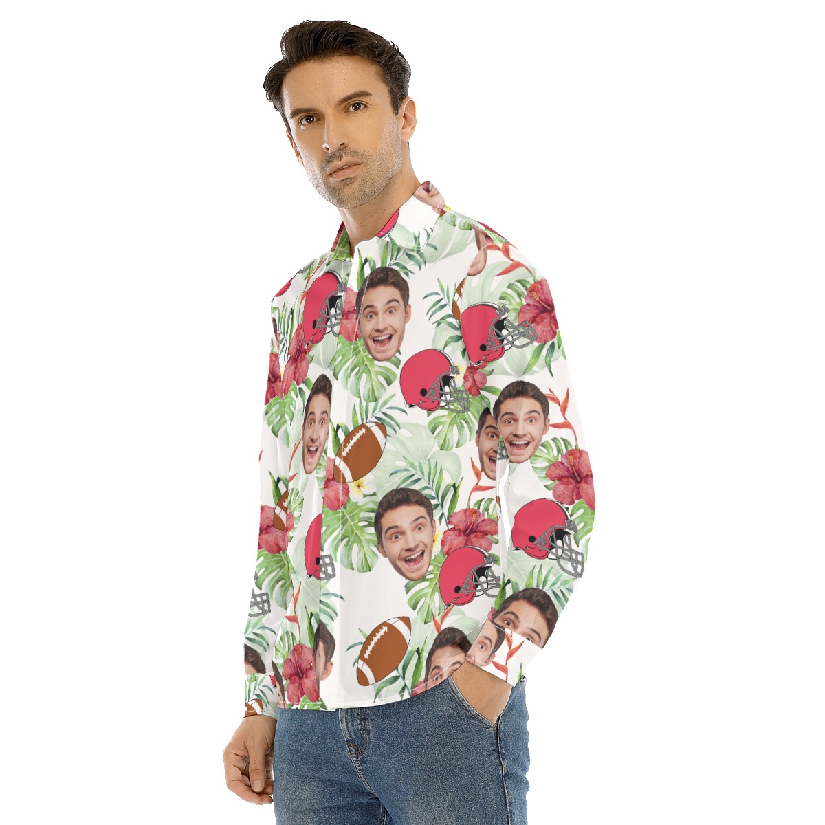 Football Custom Face Hawaiian Long Sleeve Shirt