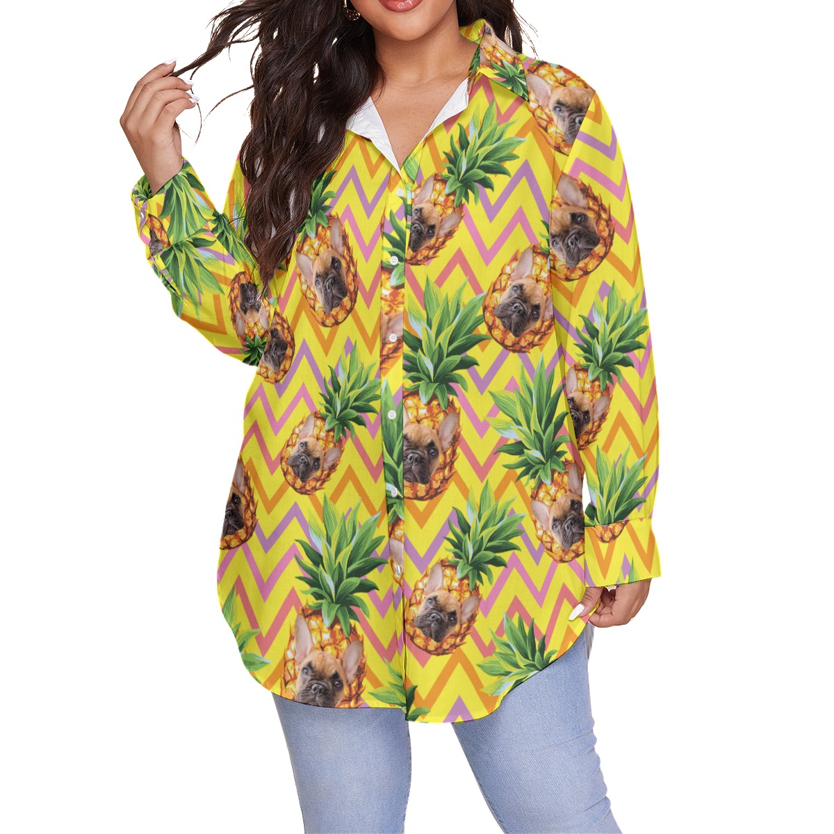 Funny Custom Pet Face Pineapple Hawaiian Plus Size Shirt For Women - variant image 1