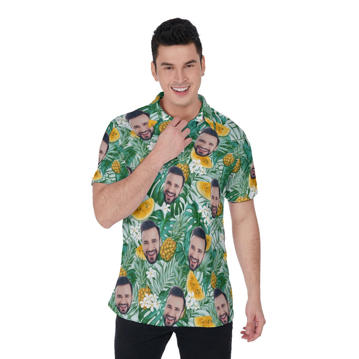 Men’s Custom Face Hawaiian Polo Shirt with Tropical Fruits Pattern - variant image 1