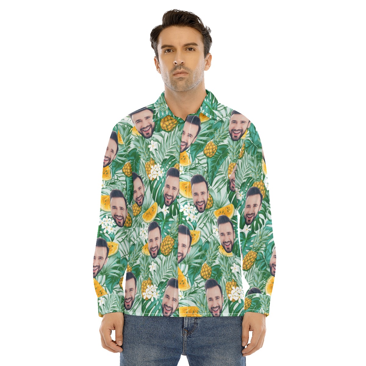Men's Custom Face Tropical Long Sleeve Hawaiian Shirt - variant image 1