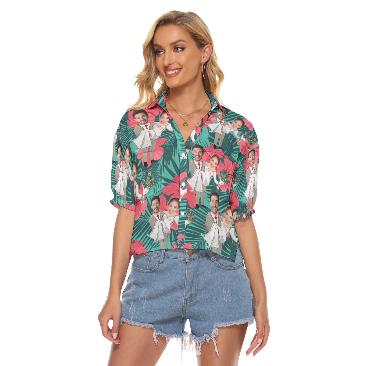 Women's Crop Top Hawaiian Shirt Couple Custom Face - variant image 1