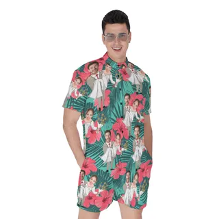 Men's Hawaiian Romper With Custom Face Couple