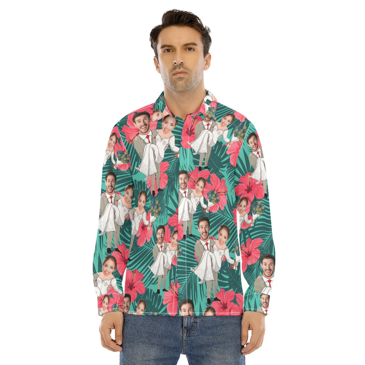 Custom Face Couple Long Sleeve Hawaiian Shirt For Men - variant image 1