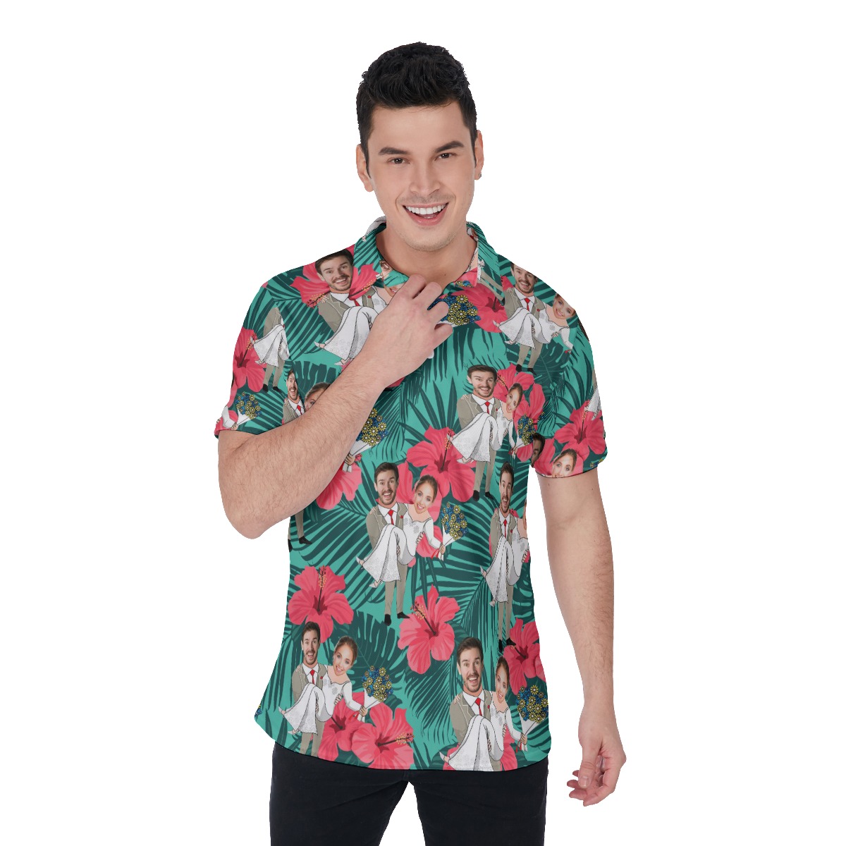 Custom Face Couple Hawaiian Polo Shirt For Men - variant image 1