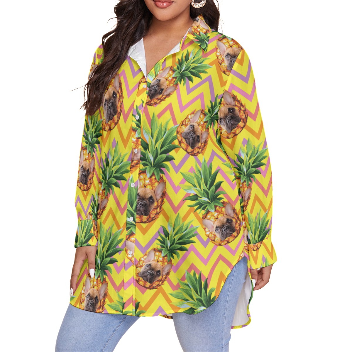Funny Custom Pet Face Pineapple Hawaiian Plus Size Shirt For Women