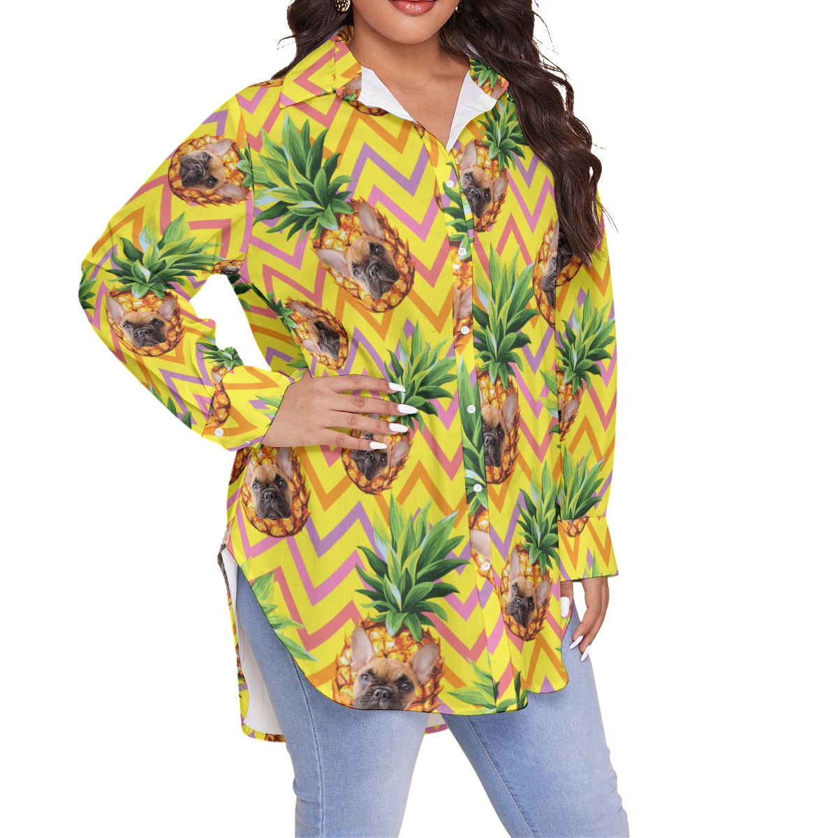Funny Custom Pet Face Pineapple Hawaiian Plus Size Shirt For Women