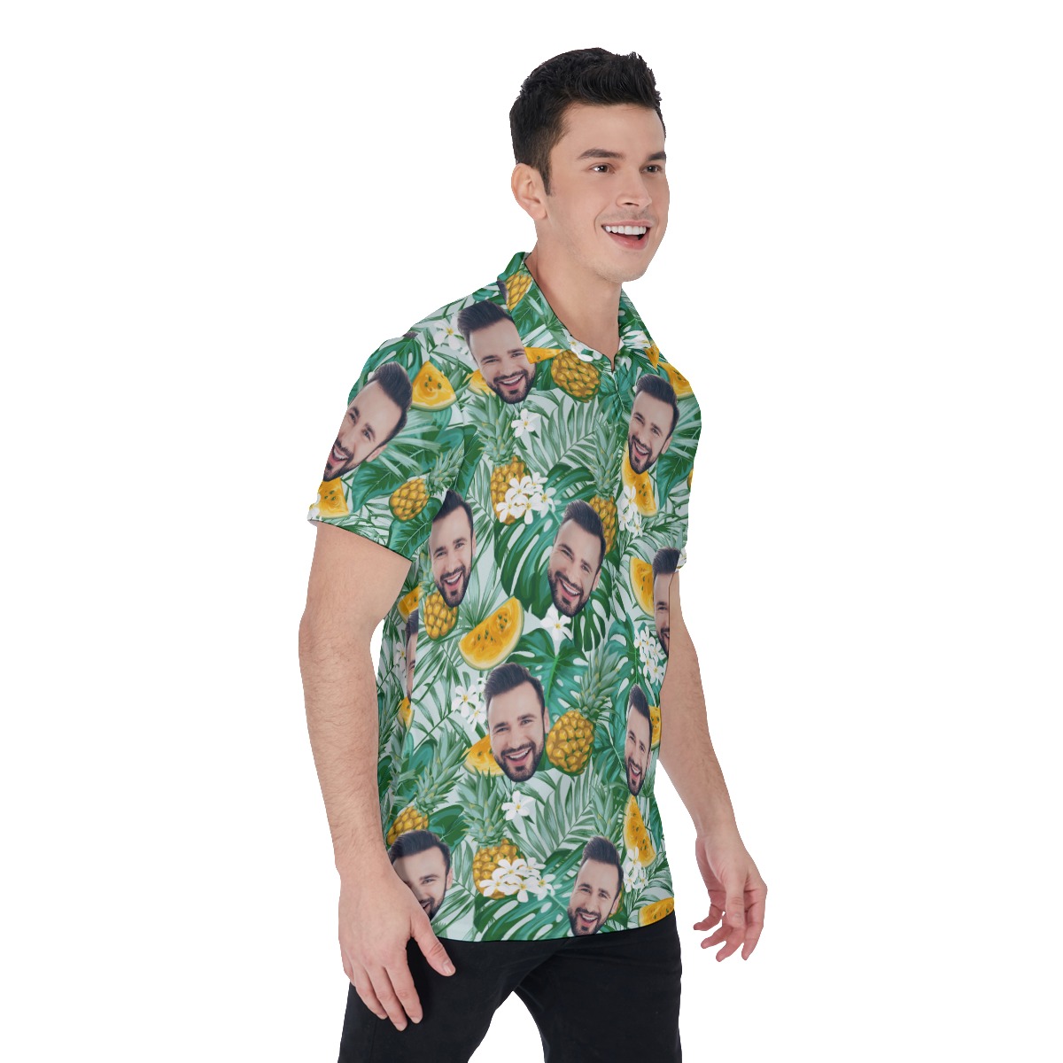 Men’s Custom Face Hawaiian Polo Shirt with Tropical Fruits Pattern